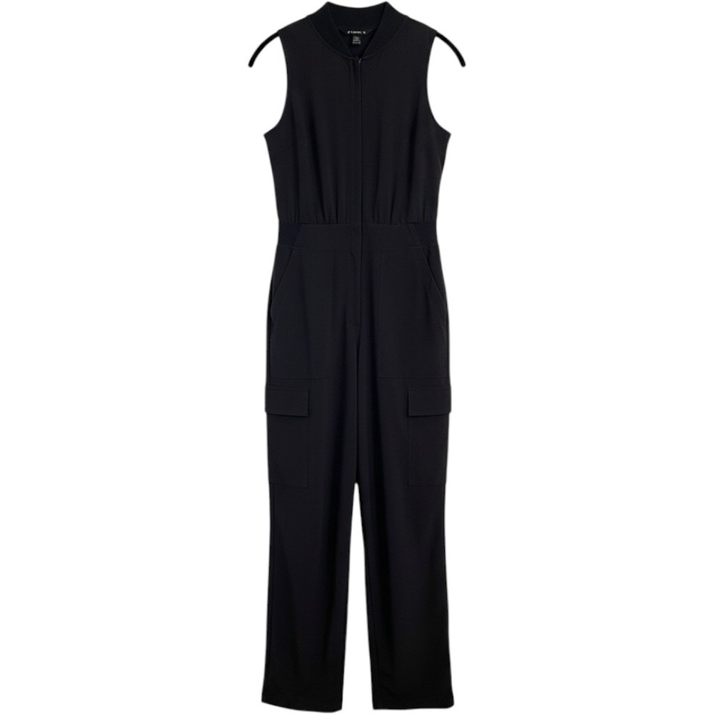 Athleta Womens Black Sleeveless Cargo Utility Jumper Zipped Ribbed Jumpsuit